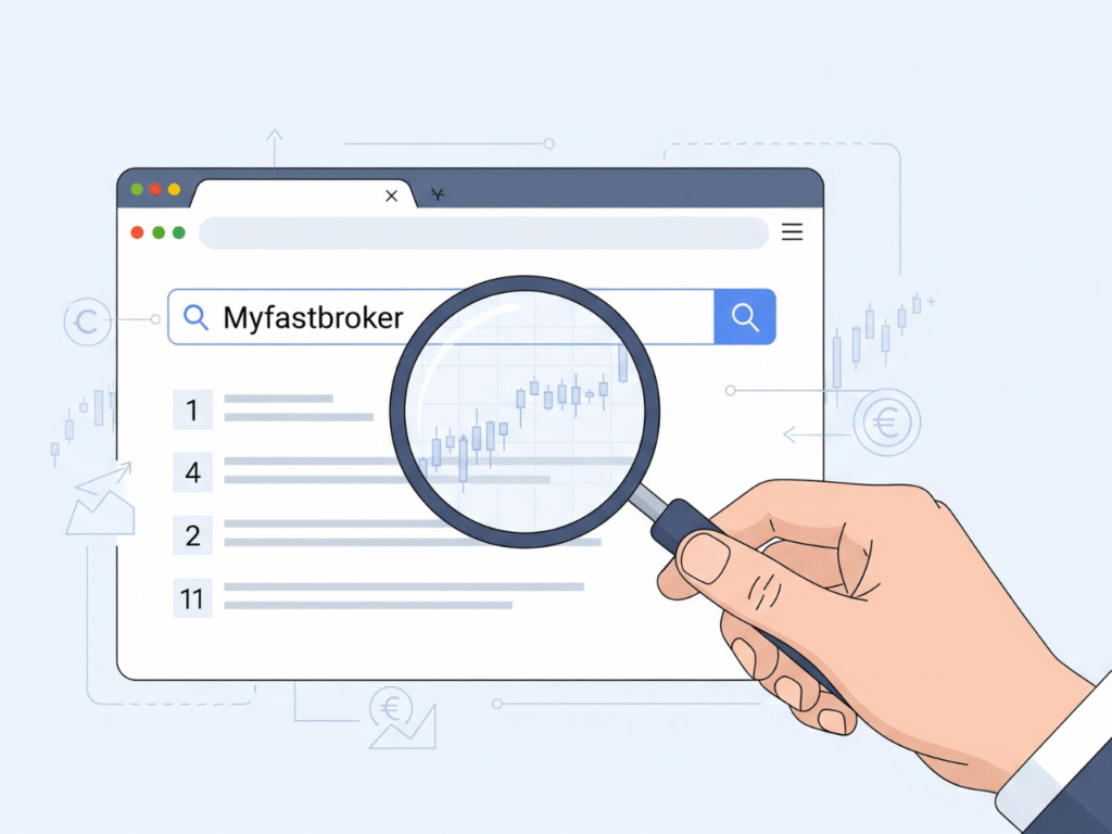 A conceptual illustration of a person searching "Myfastbroker" on Google, with a magnifying glass highlighting the search results. The design is clean and professional with a light background and a tech-finance theme.