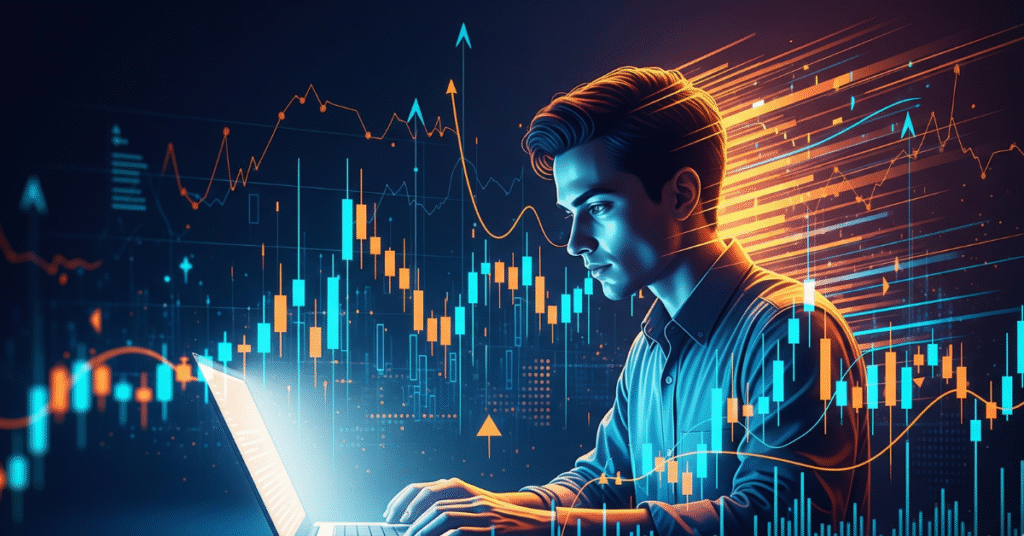 A futuristic illustration of a young trader at a laptop with glowing, high-contrast digital stock charts in neon blue and orange rising behind them. The image represents the speed and technology associated with Myfastbroker Stock Brokers in the fintech industry.
