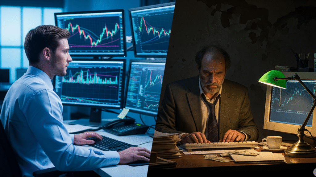 A side-by-side illustration comparing a modern, regulated stock broker and a shady, unverified one. The modern broker is in a clean, brightly lit office with multiple glowing screens showing charts, while the unverified broker is in a dim, cluttered room, representing trust versus risk in finance.