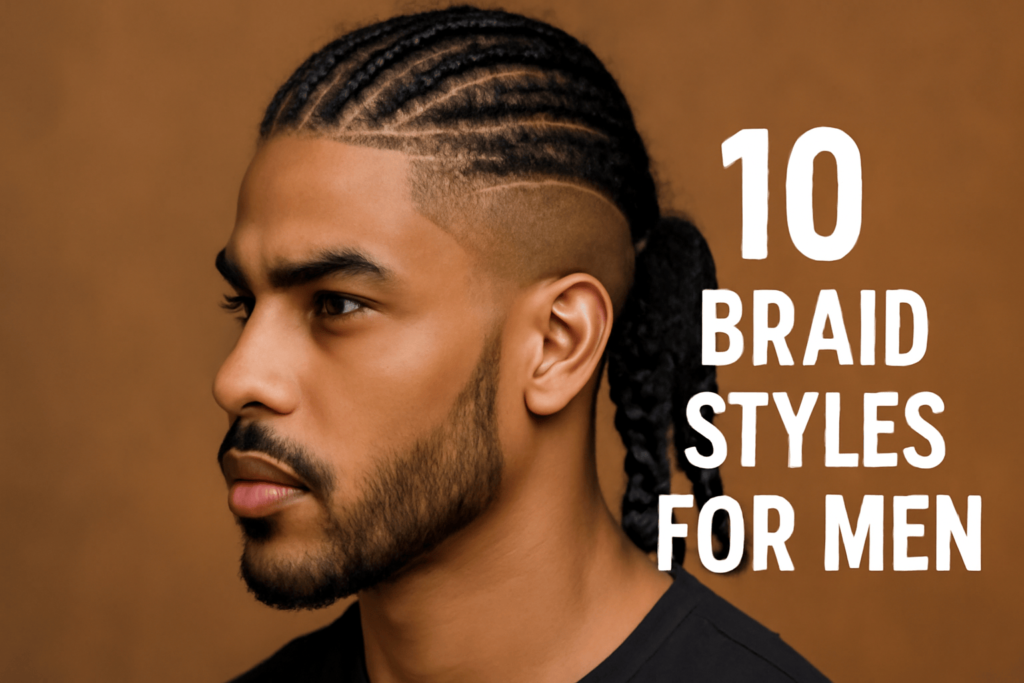 Close-up of a young African American man with various braided hairstyles including cornrows, mohawk, crown braid, and two-strand twists, featuring the text '10 Braid Styles for Men'.