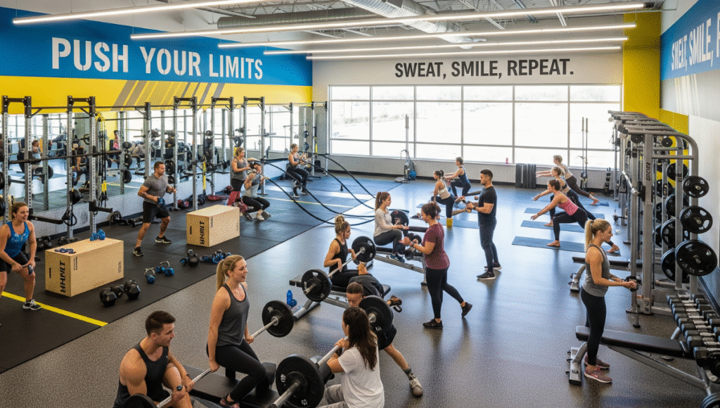 Delta Fitness Authority - A modern, high-energy fitness studio with people engaged in strength training, HIIT, and yoga, with motivational quotes on the walls.